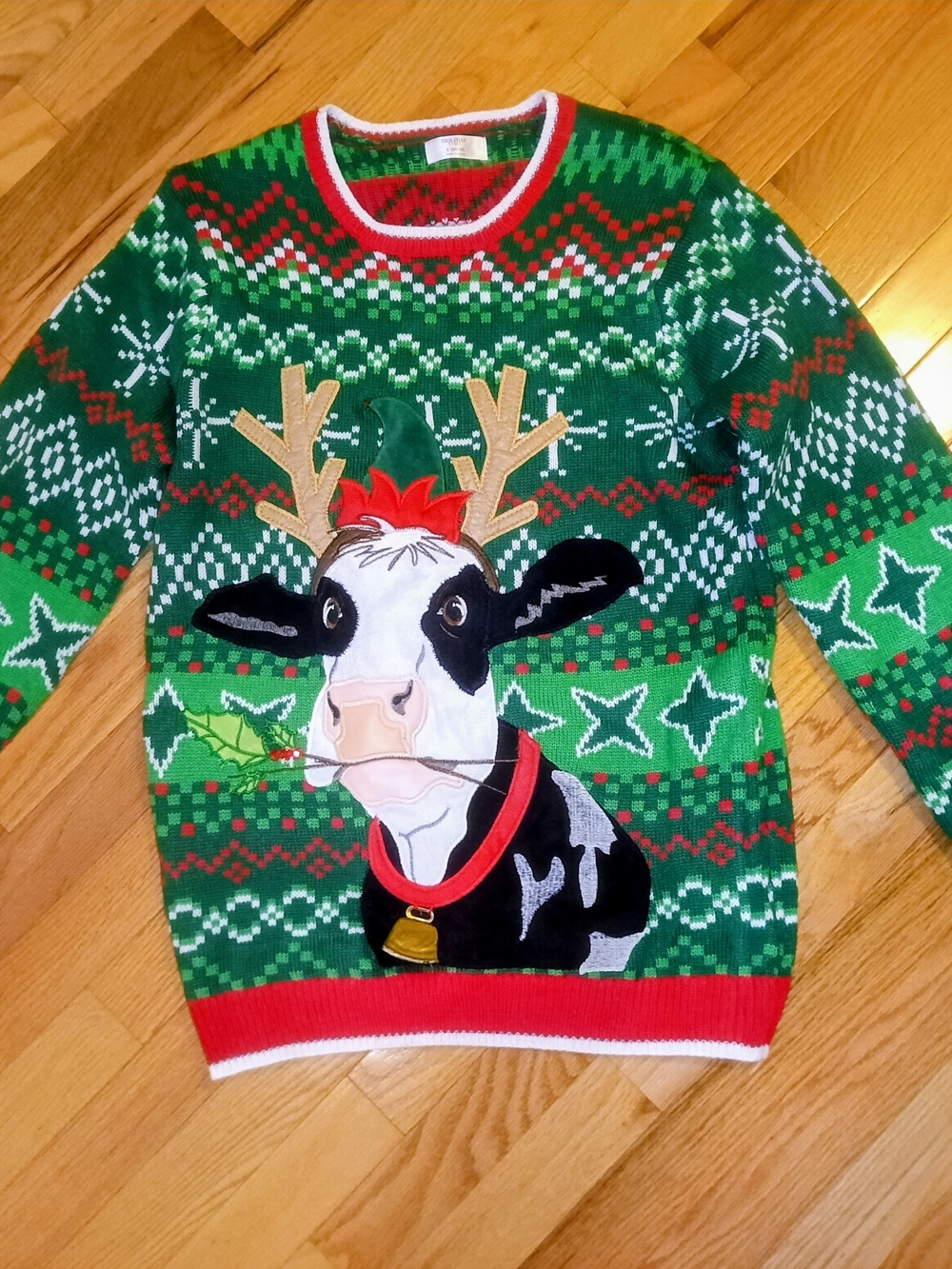 Holiday Time Green Christmas Cow Crewneck Sweater with Red Trim